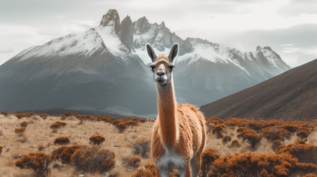 Guanaco in nature, staggering photo. Creative resource, AI Generatedの素材
