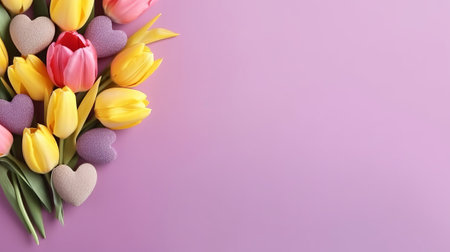 Mother's Day climate thought. Best see composition of bouquets of pink yellow tulips blooms and colorful hearts doodads. Creative resource, AI Generatedの素材