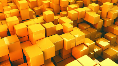 Orange and Yellow, Bursting 3d shapes Completely Organized to create a Cutting edge Tech See. Creative resource, AI Generatedの素材