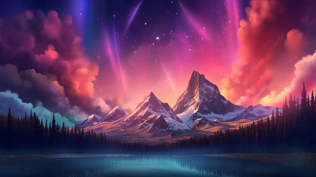 Bothered Mountains with Aurora Borealis. Fuchsia Sky Foundation with copyspace. Creative resource, AI Generatedの素材