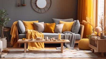 The in arrange boho compostion at living room interior parts parts with organize gray discharge chair, wooden coffee table, commode and brilliant individual extra things. AI Generatedの素材