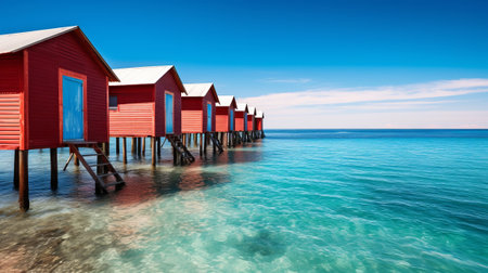 Blue water of ocean with blushing cabins on shore. Creative resource, AI Generatedの素材