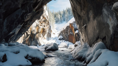 See of softening snow in a cave. Creative resource, AI Generatedの素材