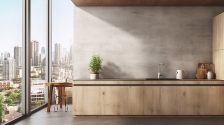 Advanced wood and concrete kitchen inner parts parts with cleanse irritated put on divider, island, machines and window with city see and sunshine. Creative resource, AI Generatedの素材