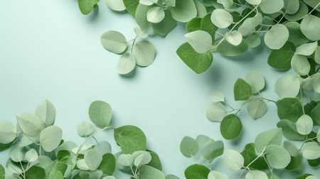 wedding or moms day backgroundgreen eucaliptus takes off over mint green foundation. Creative resource, AI Generatedの素材