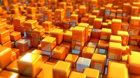 Orange and Yellow, Bursting 3d shapes Totally Organized to form a Cutting edge Tech See. Creative resource, AI Generatedの素材