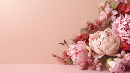 Peonies, roses on pink foundation with duplicate space. Curiously characteristic make chart organize with substance space. Creative resource, AI Generatedの素材