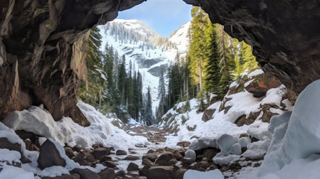 See of softening snow in a cave. Creative resource, AI Generatedの素材