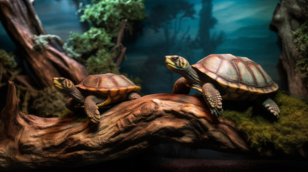 Two turtles on tree division. Creative resource, AI Generatedの素材
