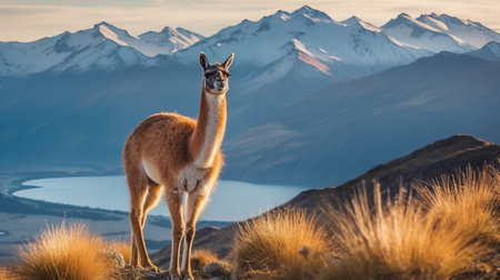 Guanaco in nature, shocking photo. Creative resource, AI Generatedの素材