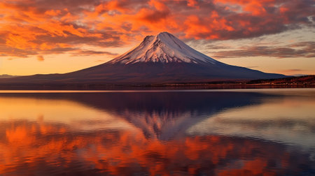 Disorienting dusk, mountain and lake. Creative resource, AI Generatedの素材