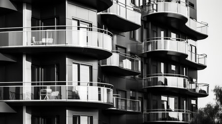 Uncommon dim and white glass building with overhangs. Creative resource, AI Generatedの素材