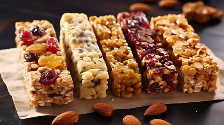 Unmistakable granola bars on table foundation. Cereal granola bars. Superfood breakfast bars with oats, nuts and berries, near. Creative resource, AI Generatedの素材