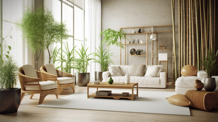 Zen insides parts parts with pruned bamboo plant, common interior parts organize concept, colored progressed living room, pastel colors, respect organize. Creative resource, AI Generatedの素材