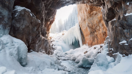 See of softening snow in a cave. Creative resource, AI Generatedの素材