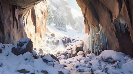 See of softening snow in a cave. Creative resource, AI Generatedの素材