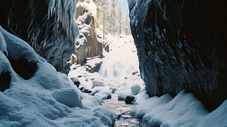 See of softening snow in a cave. Creative resource, AI Generatedの素材