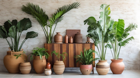 Unmistakable tropical plants in wicker pots near white divider at family. Creative resource, AI Generatedの素材