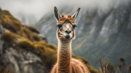 Guanaco in nature, stunning photo. Creative resource, AI Generatedの素材