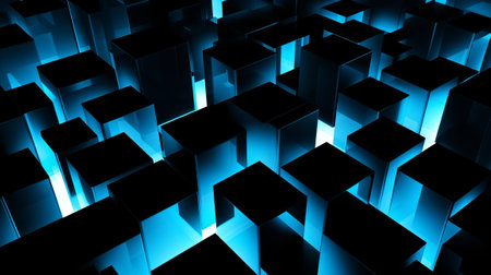 Picture of white squares and blue light on dim establishment. Creative resource, AI Generatedの素材
