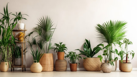 Unmistakable tropical plants in wicker pots close white divider at family. Creative resource, AI Generatedの素材