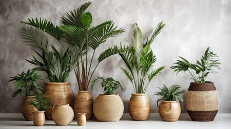 Unmistakable tropical plants in wicker pots near white divider at family. Creative resource, AI Generatedの素材