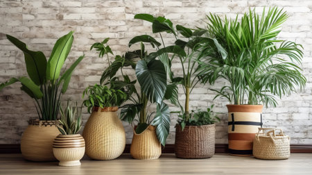 Unmistakable tropical plants in wicker pots close white divider at family. Creative resource, AI Generatedの素材