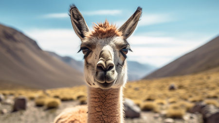 Guanaco in nature, stunning photo. Creative resource, AI Generatedの素材