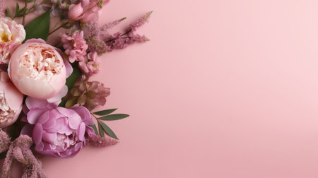 Peonies, roses on pink foundation with duplicate space. Curiously characteristic make chart organize with substance space. Creative resource, AI Generatedの素材