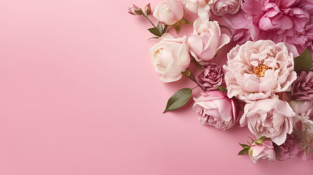 Peonies, roses on pink establishment with copy space. Inquisitively characteristic make chart organize with substance space. Creative resource, AI Generatedの素材