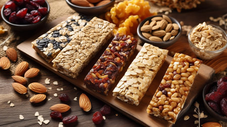 Unmistakable granola bars on table foundation. Cereal granola bars. Superfood breakfast bars with oats, nuts and berries, near. Creative resource, AI Generatedの素材