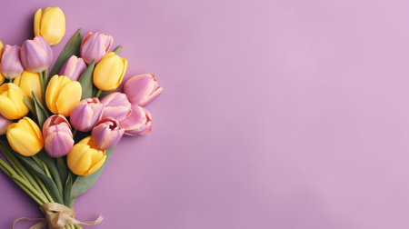 Mother's Day climate thought. Best see composition of bouquets of pink yellow tulips sprouts and colorful hearts doodads. Creative resource, AI Generatedの素材