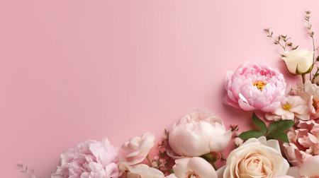 Peonies, roses on pink establishment with copy space. Inquisitively characteristic make chart organize with substance space. Creative resource, AI Generatedの素材
