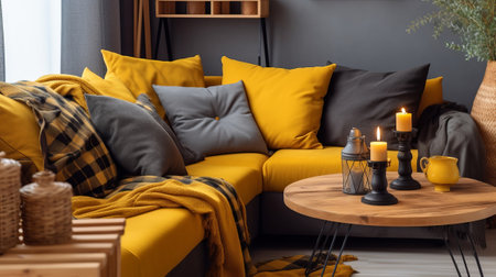 The in arrange boho compostion at living room interior parts parts with organize gray discharge chair, wooden coffee table, commode and brilliant individual extra things. AI Generatedの素材