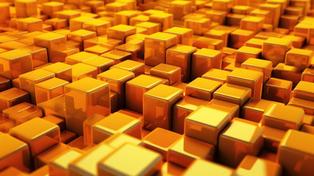Orange and Yellow, Bursting 3d shapes Totally Organized to make a Cutting edge Tech See. Creative resource, AI Generatedの素材