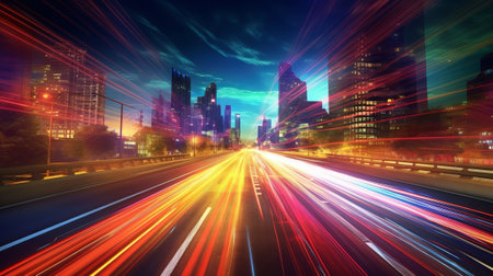 A Colorful Alter Foundation of City Light Trails. Creative resource, AI Generatedの素材