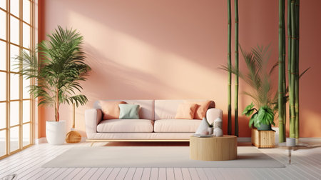 Zen internal parts parts parts with pruned bamboo plant, common inside parts parts organize concept, colored advanced living room, pastel colors, regard organize. Creative resource, AI Generatedの素材