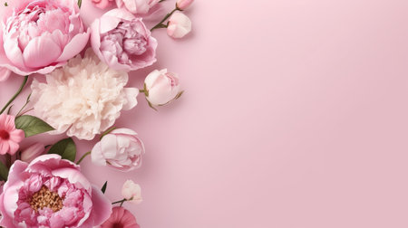 Peonies, roses on pink foundation with duplicate space. Curiously characteristic make chart organize with substance space. Creative resource, AI Generatedの素材