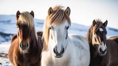 The Icelandic horse may be a breed of horse made in Iceland. Closeup Icelandic steeds. Creative resource, AI Generatedの素材