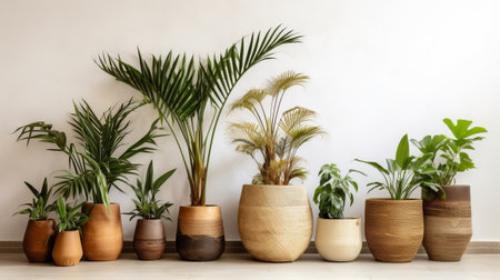 Unmistakable tropical plants in wicker pots close white divider at family. Creative resource, AI Generatedの素材