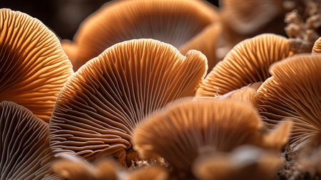 Closeup of portabella mushroom gills. Creative resource, AI Generatedの素材