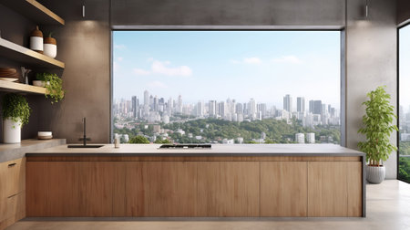 Advanced wood and concrete kitchen internal parts parts with cleanse chafed put on divider, island, machines and window with city see and sunshine. Creative resource, AI Generatedの素材