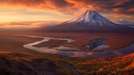 Disorienting nightfall, mountain and lake. Creative resource, AI Generatedの素材
