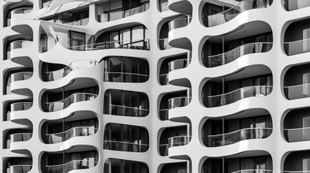 Exceptional dim and white glass building with overhangs. Creative resource, AI Generatedの素材