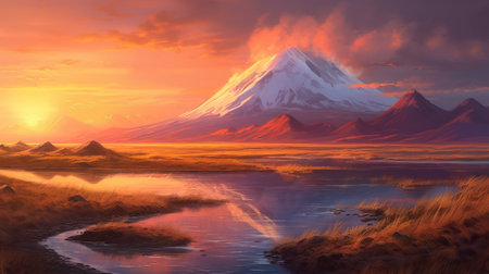 Disorienting sunset, mountain and lake. Creative resource, AI Generatedの素材