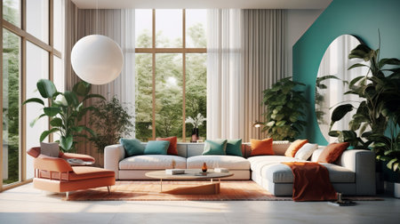 Progressed Living Room. Cutting edge Inner parts Organize Foundation. Creative resource, AI Generatedの素材
