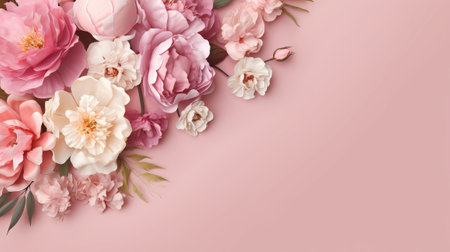 Peonies, roses on pink establishment with copy space. Inquisitively characteristic make chart organize with substance space. Creative resource, AI Generatedの素材