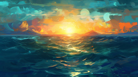 Brilliant Sea with Sun Reflections. Creative resource, AI Generatedの素材