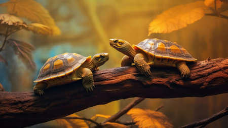Two turtles on tree division. Creative resource, AI Generatedの素材