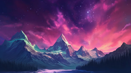 Bothered Mountains with Aurora Borealis. Fuchsia Sky Establishment with copyspace. Creative resource, AI Generatedの素材